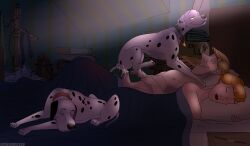 101_dalmatians anita_radcliffe bed bedroom blanket blonde_hair closed_eyes disney indoors lying orange_hair perdita pillow pongo roger_radcliffe sleeping zoophilia