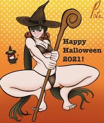 bikini brown_hair danganronpa danganronpa_v3 embarrassed feet halloween halloween_costume harukawa_maki long_hair pontapon red_eyes straight_hair witch_hat witch_staff yumeno_himiko