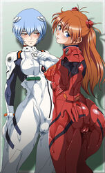 2girls ass asuka_langley_sohryu blue_hair blush bodysuit breasts cameltoe clothing embarrassed erect_nipples erect_nipples_under_clothes female gainax human interface_headset light-skinned_female light_skin long_hair medium_breasts multiple_girls neon_genesis_evangelion nipples oil orange_hair pale-skinned_female pale_skin pilot_suit plugsuit pussy rei_ayanami short_hair skintight thick_thighs wet