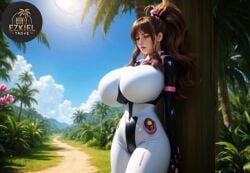 against_tree ai_generated animated big big_breasts bodysuit breasts breathing breathing_heavily brown_hair curvy day ezkiel_trove female gigantic_breasts hilda_(pokemon) hourglass_figure huge_breasts palm_tree pokemon pokemon_bw ponytail realistic road spacesuit tights tired tropical voluptuous wide_hips