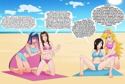 4girls aerith_gainsborough anoneysnufftan applying_sunscreen beach beach_towel bikini black_hair blonde_hair blue_eyes blue_hair brown_hair comic crossover dialogue embarrassed execution female female_only final_fantasy final_fantasy_vii humiliation imminent_death killer_lotion kneeling long_hair massage murder ocean panty_&_stocking_with_garterbelt panty_anarchy penalty_game peril pink_hair rubbing sand sisters sitting sky snuff speech_bubble spread_legs stocking_anarchy summer sunbathing swimsuit tifa_lockhart towel visor volleyball_uniform