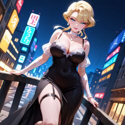 1girls ai_generated alternate_costume black_dress blonde_hair blue_eyes city cleavage dress earrings female glacia_(pokemon) jewelry lipstick looking_at_viewer nail_polish necklace outdoors pink_lipstick pink_nails pokemon pokemon_rse purple_nails rasukaru_(ai_artist) seductive seductive_look smile solo standing