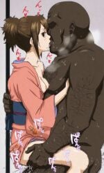 1boy 1boy1girl 1girls 2d ai_generated bald blush breasts brown_eyes brown_hair carrying clothed clothed_female_nude_male clothing dark-skinned_male dark_skin faceless_male fat fat_male female fluids gintama hairy hairy_male high_ponytail hug interracial interracial_sex kimono kissing looking_at_viewer male male/female nipples nude_male onomatopoeia penetration ponytail pussy quietns shimura_tae stand_and_carry_position standing standing_on_one_leg standing_sex steam straight sweat sweating vaginal_penetration yukata
