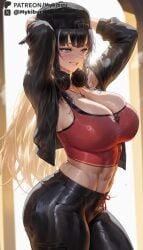 1girls abs ai_generated alternate_costume arms_up backwards_hat baseball_cap black_hair black_headwear black_jacket black_pants blue_eyes blush breasts cleavage cowboy_shot crop_top grin hat headphones headphones_around_neck holomyth huge_breasts jacket jewelry large_breasts long_hair long_sleeves looking_to_the_side midriff mori_calliope multicolored_hair mykibuu navel necklace open_clothes open_jacket pants parted_lips pendant smile solo standing steaming_body streaked_hair sweat sweaty_clothes tank_top teeth thick_thighs thighs tight_clothes tight_pants toned two-tone_hair very_sweaty virtual_youtuber wet yoga_pants