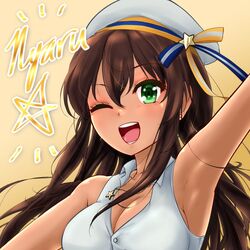 armpits big_breasts brown_hair brown_skin camisole cleavage green_eyes long_hair nyaru open_mouth sideboob virtual_youtuber winking