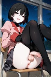 1boy, ai_generated anus ass black_eyes black_gloves black_hair black_skirt chair clothes_pull desk erection femboy genderswap_(ftm) gloves half-closed_eyes long_sleeves looking_at_viewer male monogatari_(series) naoetsu_high_school_uniform night no_panties on_chair open_mouth oshino_ougi owarimonogatari pantyhose pantyhose_pull penis pink_shirt pleated_skirt rule_63 school_uniform shirt short_hair sitting skirt sleeves_past_wrists smile solo tagme tehmar testicles trap window