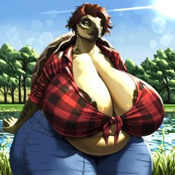 ai ai_generated anthro belly big_belly big_breasts breasts chubby chubby_female cowboy_pants female female_only looking_at_viewer mommy nipples overweight overweight_female reptile shirt thepyromancerfox turtle turtle_shell