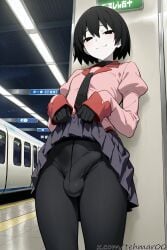 1boy ai_generated black_eyes black_gloves black_hair black_pantyhose black_skirt bulge clothes_lift erection erection_under_clothes femboy genderswap_(ftm) gloves lifted_by_self long_sleeves looking_at_viewer male monogatari_(series) naoetsu_high_school_uniform necktie oshino_ougi owarimonogatari pantyhose pink_shirt pleated_skirt rule_63 school_uniform shirt short_hair skirt skirt_lift sleeves_past_wrists smile solo tagme tehmar train_station trap