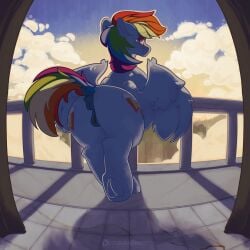 absurd_res animal_genitalia anthro avery-valentine blue_body blue_fur cutie_mark equid equine equine_genitalia feathered_wings feathers female feral friendship_is_magic fur genitals hair hasbro hi_res horse mammal multicolored_hair my_little_pony mythological_creature mythological_equine mythology pegasus pony pussy rainbow_dash_(mlp) rainbow_hair solo vulva wings