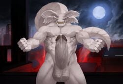anthro balls big_penis bodily_fluids cum cum_drip dripping erection eyeless genital_fluids genitals hi_res huge_cock jujutsu_kaisen mahoraga male muscles muscular muscular_male oddeyresproductions penis solo solo_male species_request tail vein veiny_muscles veiny_penis white_body