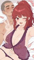 1boy ;d after_sex bangs blush breasts cleavage condom condom_on_penis condom_packet_strip condom_wrapper covered_nipples cum cum_in_pussy cum_on_body dark_skin dark_skinned_male dildo female heart-shaped_pupils holding_condom large_breasts long_hair looking_at_viewer navel nipples one_eye_closed open_mouth panties pointless_condom ponytail pubic_hair red_eyes red_hair see-through sex_toy smile straight sweat symbol-shaped_pupils underwear used_condom used_tissue v