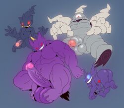 5_fingers anthro ass balls banette big_balls big_penis black_body dusclops erection fingers fur gengar genitals grey_body group hi_res huge_balls huge_cock male male_only muscular muscular_anthro muscular_male nintendo nude pecs penis pokémon_(species) pokemon purple_body purple_fur red_eyes sableye tderek99 teeth video_games