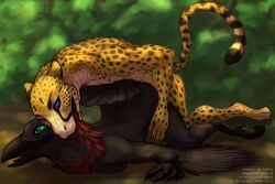 anthro avian avian_feet bite black_body black_feathers blue_eyes breasts cheetah doggy_style duo feathers felid feline female forest forest_background from_behind_position fur furchee hi_res hybrid male male/female mammal markings mounting nature nature_background peregr1ne plant reptile scalie scruff_bite sex snake spots spotted_body spotted_fur tree viper wings yellow_body yellow_fur
