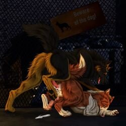 1:1 after_anal animal_genitalia animal_penis anthro anthro_on_anthro balls black_body black_fur black_pawpads black_tail bodily_fluids brown_body brown_fur brown_tail canid canine canine_genitalia canine_penis cum cum_on_balls cum_on_ground cum_on_own_penis cum_on_penis cum_on_self duo erection fangs fence fur genital_fluids genitals hi_res knot male male/male mammal msdeadsoul night open_mouth orange_eyes pawpads penis pink_nose pink_pawpads pink_penis red_penis red_tongue side_view sign tail teeth tongue white_body white_fur white_tail yellow_eyes