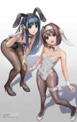 2girls animal_ear_hairband animal_ears artist_name big_breasts black_bow black_bowtie black_leotard black_pantyhose blue_eyes blue_hair bow bowtie breasts brown_eyes brown_hair bunny_day busty dargain_x detached_collar droopy_ears fake_animal_ears female female_only full_body grey_leotard hairband hand_on_lap hand_on_leg hand_on_own_leg hand_on_own_thigh hand_on_thigh hi_res highres king_of_fighters leaning_forward leotard long_hair looking_at_viewer medium_breasts multiple_girls nakoruru open_mouth pantyhose parted_lips playboy_bunny pose posing rabbit_ears rabbit_tail rimururu samurai_shodown shadow short_hair siblings sisters small_breasts smile snk solo strapless strapless_leotard tail teeth thigh_strap tongue voluptuous wrist_cuffs