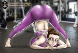 ass_up blue_eyes brown_hair clothed clothing color downward_dog edit gym jack-o_pose jackochallenge machine_54 pink_clothing tagme tagme_(artist) yoga yoga_pants