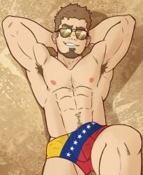 1boy beach confident confident_smile hands_behind_head lonerf_p male_only muscular_male shane_(stardew_valley) speedo stardew_valley venezuela venezuelan venezuelan_flag venezuelan_male