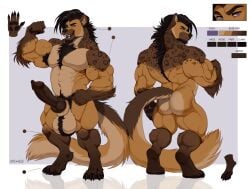 animal_genitalia animal_penis anthro apple-faced arm_tuft armpit_hair balls balls_tuft beard big_balls big_muscles big_penis black_beard black_facial_hair body_hair brown_body brown_fur brown_penis canine_genitalia canine_penis cheek_tuft chest_hair cutaway digitigrade elbow_tuft erection eyes_close-up facial_hair facial_tuft flexing flexing_bicep front_view fur genitals gloves_(marking) hi_res hyena knot leg_markings leg_tuft looking_at_viewer male mammal markings model_sheet multicolored_body multicolored_fur muscles muscular muscular_anthro muscular_male narrowed_eyes navel orange_body orange_fur pecs penis pubes purple_eyes rear_view socks_(marking) solo standing tan_body tan_fur tuft