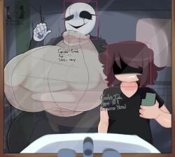 bathroom breasts deltarune fem_gaster female gardegu gaster huge_breasts hyper_breasts kris_(deltarune) kris_dreemurr mirror mirror_reflection mirror_selfie phone rule_63 tight_clothing tight_fit turtleneck_sweater undertale worried_expression