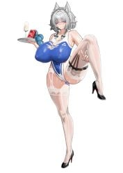 absurdres alternate_breast_size anal anal_beads anal_object_insertion belt black_shoes blue_nails blue_one-piece_swimsuit breasts butt_plug covered_nipples cum cum_in_container cum_in_cup cum_on_clothes female garter_belt grey_hair high_heels highleg highleg_one-piece_swimsuit highres holding holding_tray huge_breasts impossible_clothes impossible_swimsuit izayoi_sakuya jewel_butt_plug maid_headdress nail_polish object_insertion one-piece_swimsuit sex_toy shoes short_hair simple_background solo standing standing_on_one_leg swimsuit thigh_belt thigh_strap thighhighs touhou tray user_ckkx8884 v variant_set white_background white_garter_belt white_thighhighs