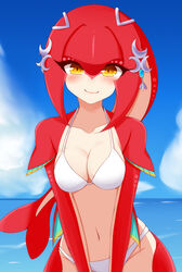 1girls ayatori bikini blush breasts breath_of_the_wild cleavage female female_only looking_at_viewer mipha monster_girl navel solo standing tagme tail the_legend_of_zelda white_bikini yellow_eyes zora