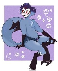 1boy anthro avian blue_hair chubby digital_media_(artwork) grey_hair helluva_boss hi_res looking_at_viewer male male_only nearly_nude owl_demon red_eyes simple_background sitting sleepymrshmllow solo stolas_(helluva_boss) tail_feathers thick_thighs unbuttoned_pants underwear