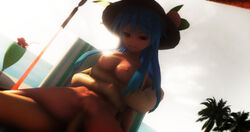 1boy 1girls 3d beach black_hat blue_hair breasts censored female from_behind hat hinalewdhat long_hair male nude nude_female peach_(fruit) sex tenshi_hinanawi touhou vovun