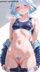 1girls ai_generated amenude_ai blue_eyes blue_hair blue_shorts blue_sports_bra blush breasts female female_pubic_hair furina_(genshin_impact) genshin_impact high_quality high_resolution highres light_skin looking_at_viewer patreon pubic_hair pussy shiny_skin short_hair short_shorts shorts shorts_down small_breasts smile sports_bra sportswear sweat thick_thighs thighs two_tone_hair watermark wet white_background white_hair