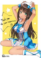 :o armpits big_breasts blue_dress brown_hair brown_skin dress green_eyes idol long_hair nyaru simple_background virtual_youtuber