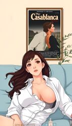 1girls 80s ai_generated brown_eyes brown_hair dress_shirt guessing_game movie_poster unbuttoned white_shirt