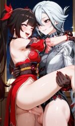 2girls ahe_gao ai_generated arlecchino_(genshin_impact) ass black_hair futa_on_female futa_with_female futanari genshin_impact honkai:_star_rail honkai_(series) light_skin penis_in_pussy sex sparkle_(honkai:_star_rail) tongue_out twintails white_hair