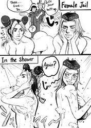 4girls ? ass blush braid braided_hair breasts comic creepy dialogue english_text eyebrows_visible_through_hair female female_anasui female_only handcuffs holding_handcuffs human jail jojo's_bizarre_adventure jolyne_kujo multiple_girls narciso_anasui prison prison_guard prisoner rule_63 shounen_jump shower soap_bubbles soap_censor stalker stone_ocean tagme text thought_bubble tied_hair voyeurism wet yuri