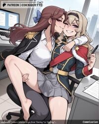 2futas 2girls ai_generated barefoot blonde_hair blue_bow blush bow breast_press breasts brown_hair cellphone chair cleavage clenched_teeth clipboard cockquette computer desk drawing_tablet feet fur-trimmed_jacket futanari futanari grin hairband hairbow holding_stylus indoors jacket jacket_on_shoulders keyboard_(computer) laptop large_breasts long_hair monitor mouse_(computer) multiple_girls necktie office office_chair one_eye_closed paper pen phone piano pink_eyes purple_eyes red_eyes shirt sitting skirt smartphone smile spread_legs stylus tablet_pc tagme thighs white_shirt window yuri