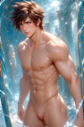 ai_art ai_generated blue_eyes brown_hair cuntboy cuntboy_only glass indoors intersex muscular nipples nude standing