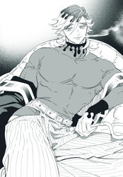 blowing_smoke demon_slayer douma fully_clothed hakama hip_vent hookah kimetsu_no_yaiba kureten long_sleeves looking_at_viewer male male_only monochrome muscular muscular_male reclining side_slit smile smoke smoking solo spiky_hair thick_eyebrows tight_clothing turtleneck