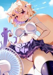 :t ahoge animal_ear_fluff animal_ears ass_visible_through_thighs bare_shoulders bird black_legwear blonde_hair blue_sky blush breasts cameltoe camisole cat_ears cloud cooling_off crop_top day electric_fan fan fanning_crotch female_focus from_below hair_ornament hairclip heat lifted_by_self looking_at_viewer looking_down medium_breasts midriff miniskirt navel outdoors panties pleated_skirt pout shirt short_hair skirt skirt_lift sky solo_focus spaghetti_strap squchan squchan_(vtuber) standing strap_slip striped striped_panties sweat tail thighhighs twintails underwear vyugen