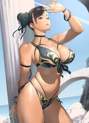 1girls artist_name big_breasts bikini black_hair blue_nails blue_sky bracelet bracelets breasts busty capcom choker chun-li cleavage clothed clothed_female clothes clothing colored_nails curvaceous curves curvy curvy_female curvy_figure dark_hair day eyelashes eyeshadow female female_focus female_only flower flower_in_hair fully_clothed hair huge_breasts human human_only kotoyoshi_yumisuke large_breasts legs light-skinned_female light_skin makeup nail_polish navel not_furry one_eye_closed outdoors outside painted_nails pink_lips revealing_clothes shadow shadows side-tie_bikini signature simple_background sky solo spiked_bracelet standing street_fighter swimsuit tan tan_skin tanline thick thick_thighs thighs thin_waist uncensored voluptuous wink wristband yellow_eyes