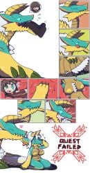 aliasing alpha_channel animate_inanimate anthro bodily_fluids brown_hair capcom comic digital_media_(artwork) duo fanged_wyvern female flying_sweatdrops gender_transformation hair hi_res inflatable licking living_inflatable male monster_hunter mtf_transformation nipples oagoner open_mouth oral_vore regurgitation safe_vore saliva simple_background spiral spiral_eyes sweat sweatdrop tongue transformation transformation_sequence transformation_through_vore transparent_background vore white_hair yellow_nipples zinogre