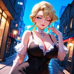 1girls ai_generated alternate_costume black_dress blonde_hair blue_eyes city cleavage dress earrings female glacia_(pokemon) jewelry lipstick looking_at_viewer nail_polish necklace one_eye_closed outdoors pokemon pokemon_rse rasukaru_(ai_artist) red_lipstick red_nails seductive seductive_look smile solo wink
