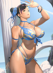 1girls artist_name big_breasts bikini black_hair blue_nails blue_sky bracelet bracelets breasts busty capcom choker chun-li cleavage clothed clothed_female clothes clothing colored_nails curvaceous curves curvy curvy_female curvy_figure dark_hair day eyelashes eyeshadow female female_focus female_only flower flower_in_hair fully_clothed hair huge_breasts human human_only kotoyoshi_yumisuke large_breasts legs light-skinned_female light_skin makeup nail_polish navel not_furry one_eye_closed outdoors outside painted_nails pink_lips revealing_clothes shadow shadows side-tie_bikini signature simple_background sky solo spiked_bracelet standing street_fighter swimsuit tan tan_skin tanline thick thick_thighs thighs thin_waist thunderthighs uncensored voluptuous wink wristband yellow_eyes