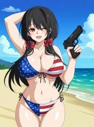 ai american_flag_bikini beach bikini black_hair breasts cleavage female generated gun handgun large_breasts long_hair original_character stars_and_stripes tagme weapon