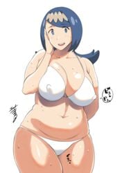 1girls arm_behind_back bikini blue_eyes blue_hair collarbone covered_erect_nipples creatures_(company) curvy erect_sawaru female female_only freckles game_freak hair_ornament hand_on_own_face human lana's_mother_(pokemon) looking_at_viewer mature_female milf mob_face navel nintendo open_mouth plump pokemon pokemon_(anime) pokemon_sm signature solo sweat swimsuit voluptuous white_background white_bikini