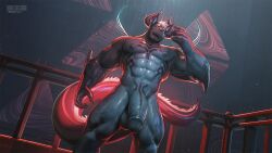 16:9 2025 2_horns abs anthro arm_spikes back_wings balls beard biceps big_balls big_penis black_markings black_sclera canid canid_demon canine chest_markings claws demon elbow_spikes facial_hair finger_claws fur genitals glowing glowing_eyes grey_body grey_fur hair hellhound hi_res horn looking_at_viewer looking_down looking_down_at_viewer male mammal markings mixed_media muscular muscular_anthro muscular_male muscular_thighs mythological_canine mythological_creature mythology navel nude obliques open_mouth pecs penis railing red_eyes smile solo spikes spikes_(anatomy) tail tail_mane takahirosi umbrafang_(takahirosi) wet wet_body wet_fur white_hair widescreen wings