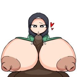 anon big_breasts black_skin breasts female green_jacket hijab huge_breasts new_starxy titjob white_skin