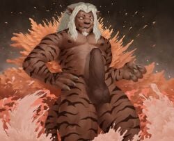 abs anthro big_penis brown_body brown_fur chimera_ant claws erection facial_hair felid fur genitals goatee hair hi_res hunter_x_hunter leol_(hunter_x_hunter) lion male mammal muscular muscular_male nude oddeyresproductions pantherine penis sharp_teeth solo striped_body striped_fur stripes teeth vein veiny_penis water wave white_hair