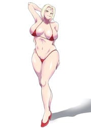 aonatsusu arm_behind_head big_breasts blonde_hair breasts breasts_bigger_than_head brown_eyes curvaceous curvy curvy_figure female female_only full_body heels highleg highleg_bikini hourglass_figure huge_breasts long_hair mature mature_female micro_bikini naruto naruto_(series) naruto_shippuden pelvic_curtain red_bikini small_bikini solo solo_focus standing sticking_out_tongue tied_hair tongue tongue_out tsunade twintails walking wide_hips