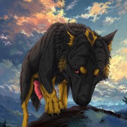 1:1 2024 animal_genitalia animal_penis artist_name black_body black_fur black_nose canid canine canine_genitalia canine_penis cheek_tuft claws cloud dated erection facial_tuft feral fur genitals glistening glistening_eyes grey_claws hi_res knot looking_at_viewer male male_feral mammal mouth_closed msdeadsoul neck_tuft outside penis red_eyes red_penis sky solo text tuft yellow_body yellow_fur