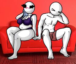 1boy 1girls alternate_version_available bald bald_female bald_male belly belly_button black_eyes bra breasts chetoh claire_(chetoh) cleavage cloth couch egg eggmale feet female looking_up male male/female oc open_mouth original original_character original_characters pained_expression panties photo_background purple_bra purple_panties red_couch red_underwear sitting sitting_on_couch sweat sweatdrop sweating thighs underwear white_body wiping_sweat