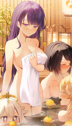 4girls bathhouse black_hair blonde_hair blush breasts closed_eyes dega1028 genshin_impact hot_spring kujou_sara large_breasts lumine_(genshin_impact) multiple_girls oranges paimon_(genshin_impact) purple_eyes purple_hair raiden_shogun thick_thighs thighs water wet white_hair