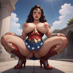 2d ai_generated arm_guards black_hair blue_eyes blue_skirt blue_sky blush boots breasts corset darkmage1880 dc dc_comics exposed_breasts exposed_pussy female greek_architecture headband heel_boots heels high_heels horny large_breasts legwear light-skinned_female light_skin low-angle_view massive_breasts metal_boots muscular nipple_rings oiled_skin pussy red_boots red_corset red_legwear red_lips red_lipstick shiny_skin squatting squatting_female thick_thighs tiara topless vagina white_skin wonder_woman wonder_woman_(series) wonder_woman_outfit